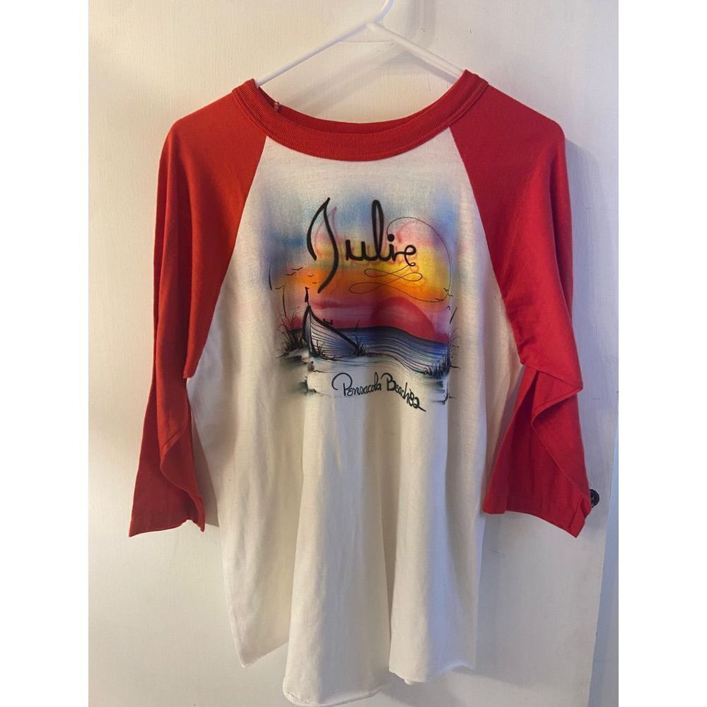 Vintage 80’s Airbrush beach baseball‎ t shirt “Julie” large red white 1982